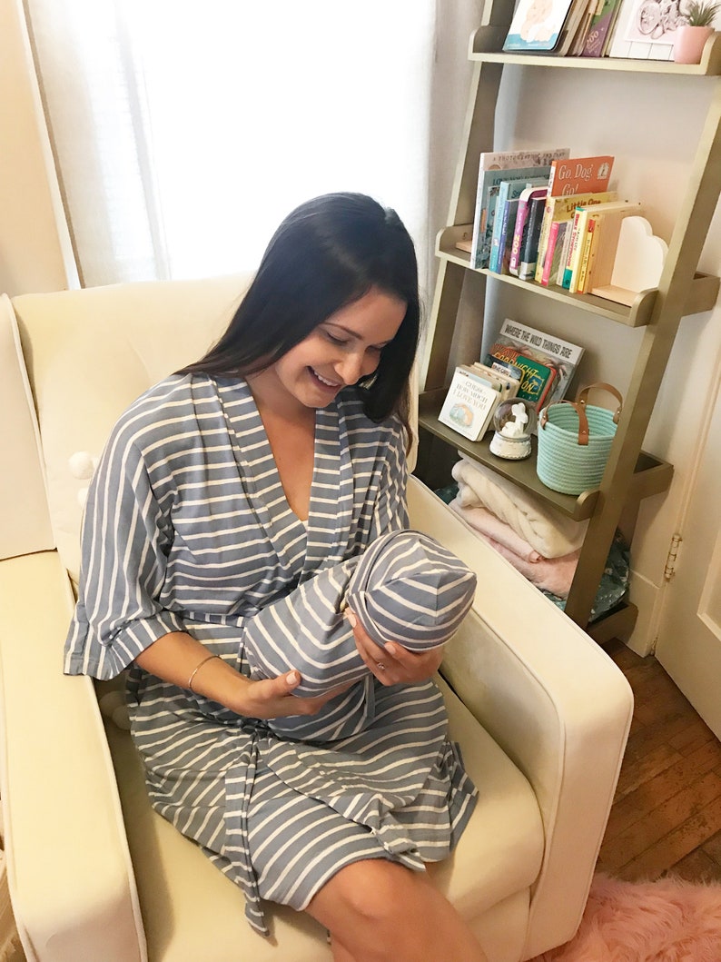 USA MADE Blue Stripe Hospital Maternity Nursing Robe Baby Boy Matching Swaddle Set