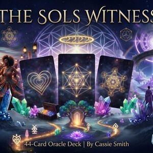 May include: The Sols Witness 44-Card Oracle Deck by Cassie Smith features three central cards with gold geometric and heart designs against a cosmic background. The scene includes glowing crystals, a portal, and figures in a vibrant, mystical landscape.