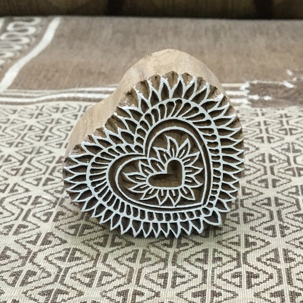 Heartfelt Elegance: Intricate Wooden Printing Block with Detailed Heart Design, hand carved Indian block; textile stamp; pottery stamp,