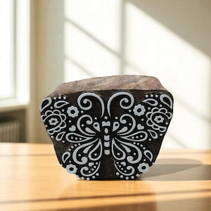 Indian Wooden Printing Block – Detailed Butterfly, hand carved Indian wood printing block; textile stamp; pottery stamp,