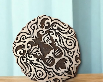 Lion Head Wood Block Stamp, Hand Carved Textile Printing