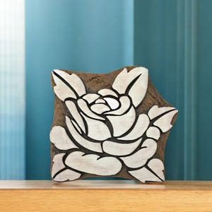Rose with leaves, hand carved Indian wood printing block; textile stamp; pottery stamp,