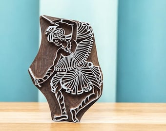 Dancing Man folk Art, hand carved Indian wood printing block; textile stamp; pottery stamp,