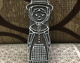 Comic Welsh Lady, hand carved Indian wood printing block; textile stamp; pottery stamp,