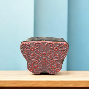 Detailed Butterfly wood mounted rubber stamp block, hand carved Indian wood printing block; textile stamp; pottery stamp,