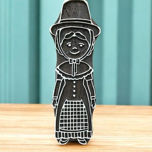 Comic Welsh Lady, hand carved Indian wood printing block; textile stamp; pottery stamp,