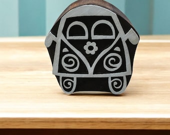 Houten drukblok camper – Hippie bloemen gesneden stempel