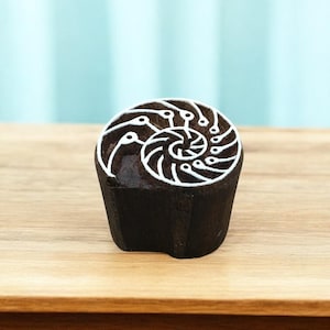 conch shell, hand carved Indian wood printing block; textile stamp; pottery stamp,