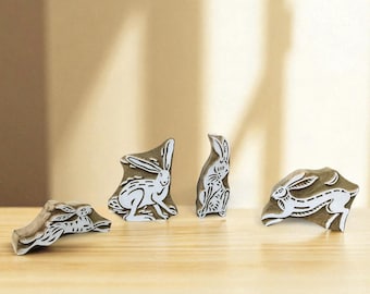 Hopping Harmony: A Group of Hares Wooden Printing Blocks Stamps, hand carved Indian wood printing block; textile stamp; pottery stamp,