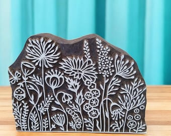 Houten drukblok Floral Meadow, Indiase handgesneden stempel