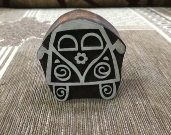 Bloc d'impression en bois indien – Campervan hippie, timbre de poterie moule en céramique scrapbooking tjap batik impression de timbres sculptés floraux.