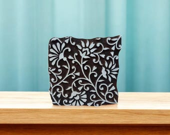 Bloque de impresión floral de madera de la India, sello de cerámica y batik
