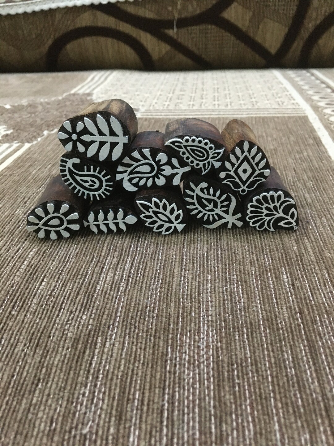 Indian Wooden Block Set 12 Ethnic Diddley, Hand Carved Indian Wood Printing Block Textile Stamp