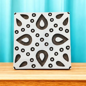 Indian Wooden Printing Block - Dotty Leaf Tile with Handle ,hand carved Indian wood printing block; textile stamp; pottery stamp,