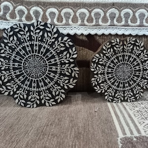 Coppia di mandala fogliari, timbro indiano in legno rotondo intagliato a mano, blocco di legno per timbratura di tessuti tessili, ceramica all'henné fai da te