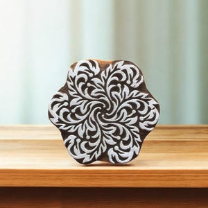 Multi Wavy Leaf Mandala, hand carved Indian wood printing block; textile stamp; pottery stamp,