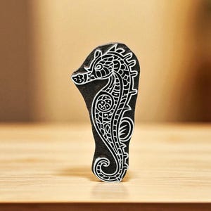 Zentangle Seahorse, hand carved Indian wood printing block; textile stamp; pottery stamp,