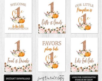 Pumpkin First Birthday Party Signs: Rose Gold Glitter Decor (Digital Download, PDF & JPEG Files)