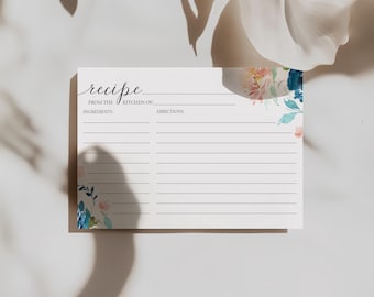 Rustic Floral Recipe Card Printable: Peach & Navy Bridal Shower (Digital Download)