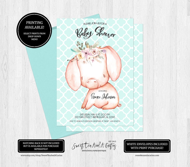 Rustic Fl Pig Baby Shower Invitation Boho Flower Farm Animal Farmhouse Party Invites Girls Digital File Or Printed
