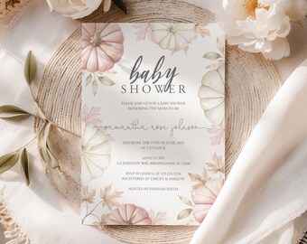 Blush Pink and Cream Fall Pumpkin Baby Shower Invitation : Editable Digital File