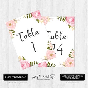 Pink Floral Table Numbers Wedding Table Signs Bridal Shower Baby Shower Flower Decor Garden Tea Party Watercolor Rose image 2