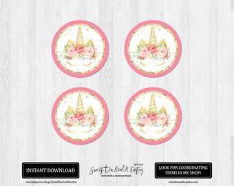 Unicorn Cupcake Toppers: Pink and Gold Floral Birthday Party (Digital File)