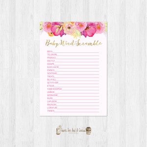 Baby Shower Word Scramble Pink and Gold Floral Printable Digital File Instant Download Elegant Girls Baby Shower
