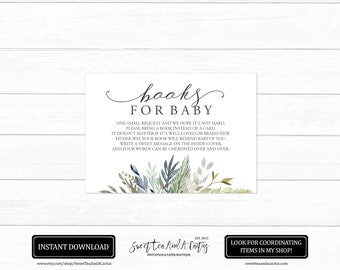 Rustic Farmhouse Books for Baby Card - Green Foliage Floral Greenery - Baby Shower Printable - Instant Download - Elegant Simple