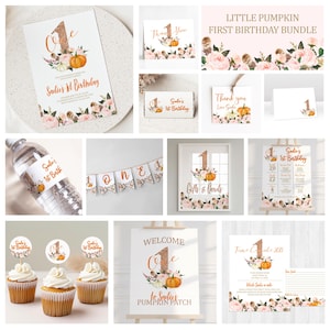 リトルパンプキンの1歳の誕生日パーティーバンドル：編集可能な招待状セット