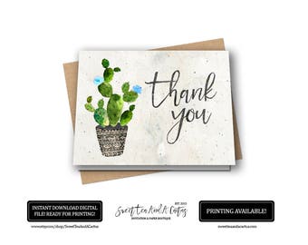 Rustic Cactus Thank You Card Southwestern Boho Printable Digital File Baby Shower Bridal Wedding Birthday Party