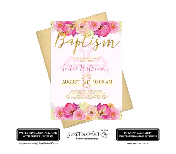 floral girl baptism invitation pink and gold baby christening etsy