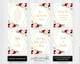 Marsala Floral Brautdusche Schild-Set: Goldfolie Dekor (Digitaler Download)
