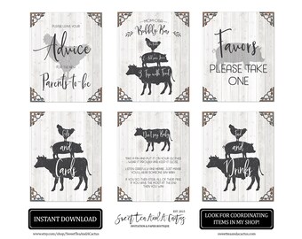 Rustic Farmhouse Baby Shower Sign Set Printable Signs Cow Chicken Pig Farm - Advice - Gifts and Cards - Food and Drink - Momosa - Favors