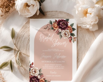 Burgundy Floral Bridal Shower Invitation: Autumn Wedding, Editable Template (Digital File)