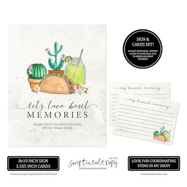 Favorite Memory of the Bride to Be Card and Sign Set - Bridal shower Games Decor - Southwestern Taco and Margarita Fiesta Memories