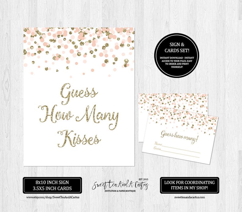 Guess How Many Kisses Bridal Shower Game Set - 1 Sign & 50 Cards, Pink Floral Wedding Party Activity - View #7