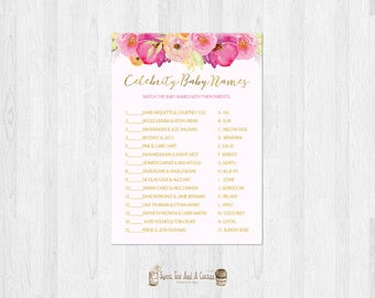 Pink Floral Baby Shower Celebrity Baby Names Match Game Elegant Pink Flower and Gold Girls Shower Printable File Instant Download