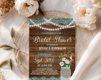 Rustic Bridal Shower Invitation Turquoise Barn Wedding Floral Mason Jar Editable Digital File