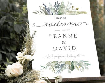 Rustic Greenery Wedding Welcome Sign: Farmhouse Boho Decor (Digital File 16x20in Editable Template)