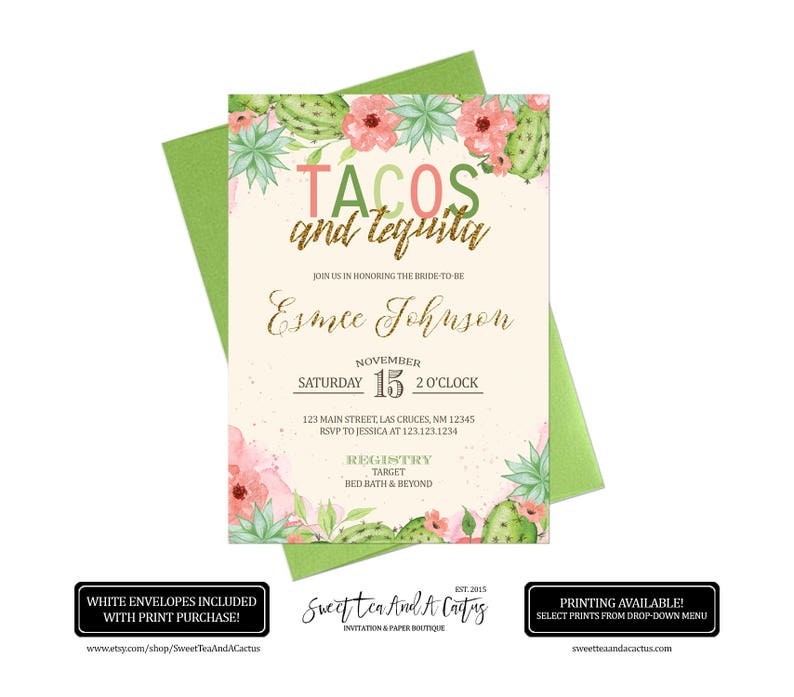 Tacos and Tequila Bridal Shower Invitation Southwestern Cactus Etsy