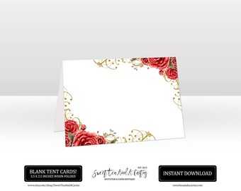 Red Rose Gold Glitter Tent Cards: Printable Floral Place Cards (PDF)