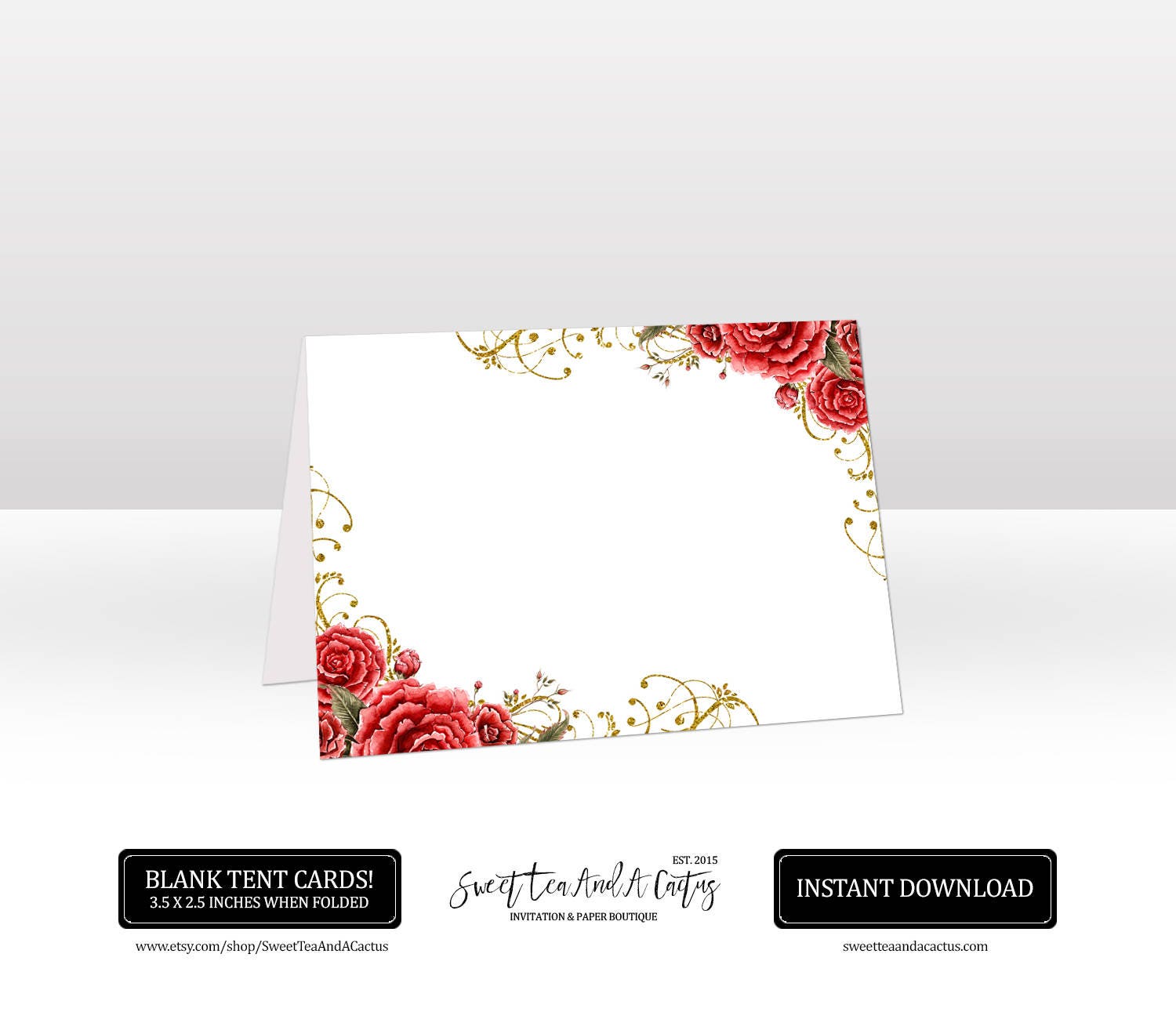 Rose und Gold Glitzer Zelt Karte Printable Buffet Essen Label Karten Tischkarten Quinceanera Geburtstagsparty Brautdusche Hochzeit Rot Floral