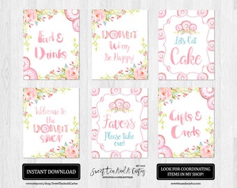 Donut Birthday Party Printable Sign Bundle Set Pink Floral Girls Party Decor pink Doughnut shop decorations digital file instant download