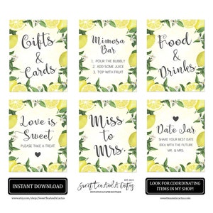 Ensemble de panneaux de douche nuptiale au citron - Décor de douche de mariage - Fruits d’été aux agrumes - Miss à Mme - Nourriture et boissons - Cadeaux et cartes - Mimosa Bar