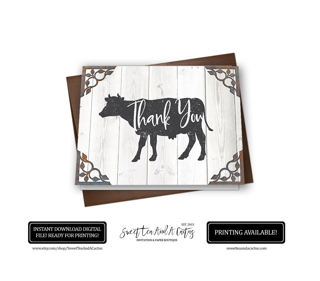 Farmhouse Rustic Thank You Card Cow Farm Animal Stationary Note Cards ...
