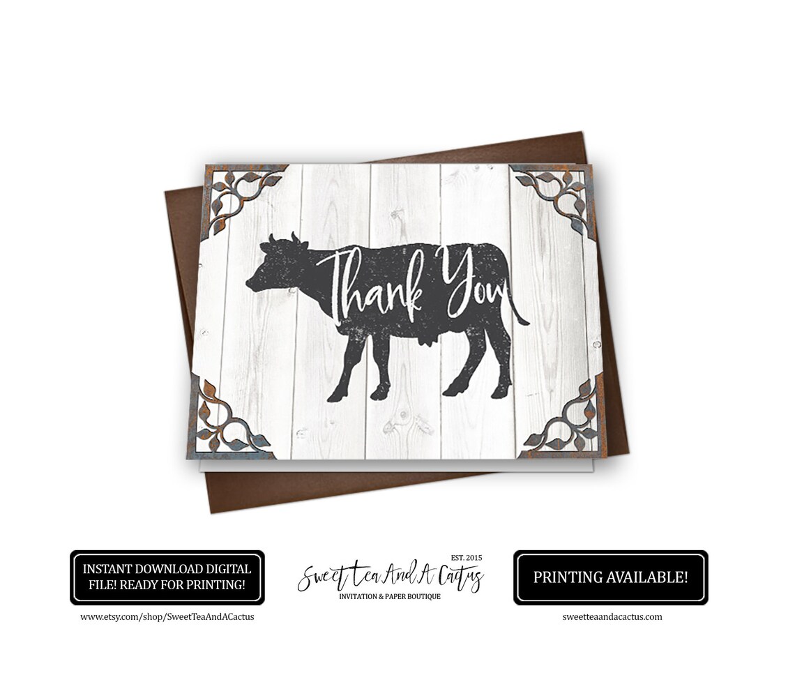 Farmhouse Rustic Thank You Card Cow Farm Animal Stationary Etsy
