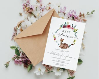 Convite para chá de bebê com veado floral - Convites para chá de bebê - Animais da floresta