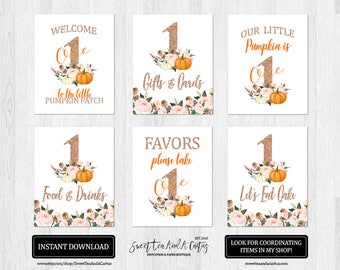 Pumpkin Girls First Birthday Party Signs Printable Digital File Fall Rose Gold Glitter Pumpkin Patch Gifts and Cards Favor Decor