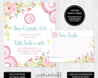 Donut Time Capsule Sign and Card Set: Pink Floral Birthday Party (Digital File Set)